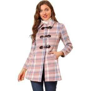 Allegra K Women's Christmas Toggle Outerwear Turn Down Collar Winter Plaid Duffle Coat