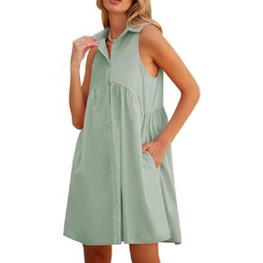 DEEP SELF Women Summer Collared Shirt Dress Casual Loose Button Down Short Dress V Neck Tunic Mini Dress with Pockets