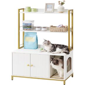 HOOBRO Large Cat Litter Box Enclosure with 2 Storage Shelves, Wooden Litter Box Furniture, Hidden Litter Box Furnitue with Scratching Pad, Sturdy and Solid, 31.5"L x 17.9"W x 47.2"H, White WD82MW01