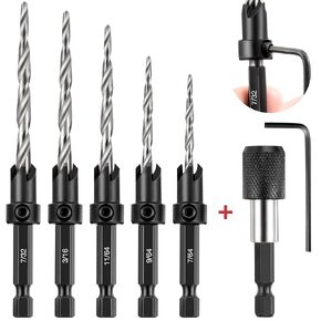 Hohean Countersink Drill Bit Set, 5 Pcs Woodworking Tapered Drill Bits for #4, 6, 8, 10, 12 Screws, with Quick Replacement Bit Holder, Hex Wrench, 1/4 Hex Shank, Depth Adjustable M2 Drill Bits