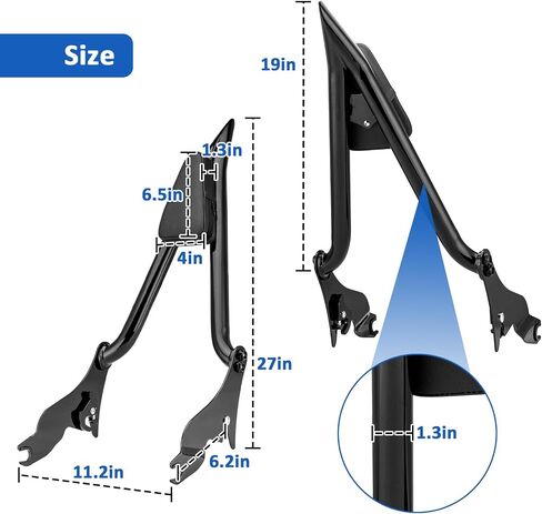 Wsays 27“ Tall Sissy Bar 1.3" Fat Detachable Motorcycle Passenger Backrest w/Pad Compatible with Harley Touring Street Road Electra Glide Road King 2009-2024 Black in Saudi Arabia