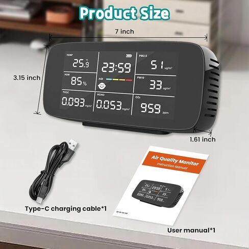 Bestechy New Upgraded Indoor Air Quality Monitor, 9 in 1 Air Monitor, Includes CO2, TVOC, HCHO, AQI, PM2.5/10, Temperature & Humidity, Date, Type-C Quick Charge, Powerful Sensors, Home Air Test Kits in Saudi Arabia