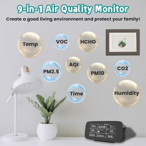 Bestechy New Upgraded Indoor Air Quality Monitor, 9 in 1 Air Monitor, Includes CO2, TVOC, HCHO, AQI, PM2.5/10, Temperature & Humidity, Date, Type-C Quick Charge, Powerful Sensors, Home Air Test Kits in Saudi Arabia