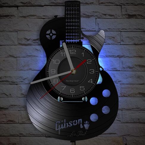 Timethink الغيتار الصوتي 12 "LED الفينيل LP جدار الفن ساعة الحائط 7 ألوان آلة موسيقية غرفة نوم المنزل ديكور الجدار الداخلي الفينيل سجل ضوء الليل ساعة الحائط روك ن لفة الموسيقى هدية للرجال الكهف in Kuwait