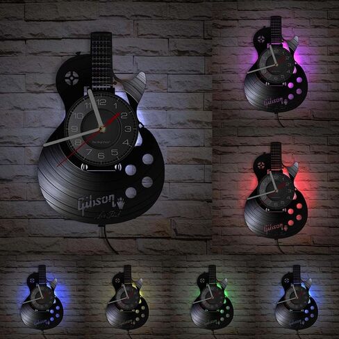 Timethink الغيتار الصوتي 12 "LED الفينيل LP جدار الفن ساعة الحائط 7 ألوان آلة موسيقية غرفة نوم المنزل ديكور الجدار الداخلي الفينيل سجل ضوء الليل ساعة الحائط روك ن لفة الموسيقى هدية للرجال الكهف in Kuwait
