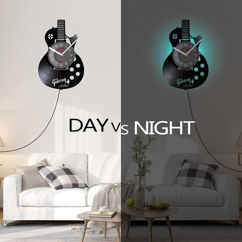 Timethink الغيتار الصوتي 12 "LED الفينيل LP جدار الفن ساعة الحائط 7 ألوان آلة موسيقية غرفة نوم المنزل ديكور الجدار الداخلي الفينيل سجل ضوء الليل ساعة الحائط روك ن لفة الموسيقى هدية للرجال الكهف in Kuwait