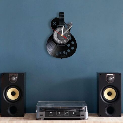 Timethink الغيتار الصوتي 12 "LED الفينيل LP جدار الفن ساعة الحائط 7 ألوان آلة موسيقية غرفة نوم المنزل ديكور الجدار الداخلي الفينيل سجل ضوء الليل ساعة الحائط روك ن لفة الموسيقى هدية للرجال الكهف in Kuwait