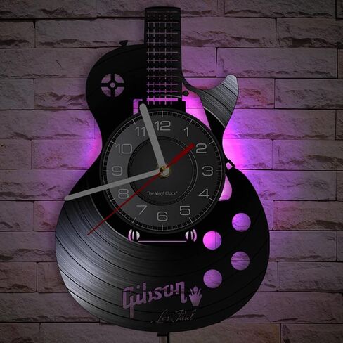 Timethink الغيتار الصوتي 12 "LED الفينيل LP جدار الفن ساعة الحائط 7 ألوان آلة موسيقية غرفة نوم المنزل ديكور الجدار الداخلي الفينيل سجل ضوء الليل ساعة الحائط روك ن لفة الموسيقى هدية للرجال الكهف in Kuwait