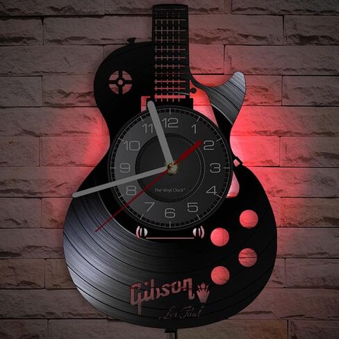 Timethink الغيتار الصوتي 12 "LED الفينيل LP جدار الفن ساعة الحائط 7 ألوان آلة موسيقية غرفة نوم المنزل ديكور الجدار الداخلي الفينيل سجل ضوء الليل ساعة الحائط روك ن لفة الموسيقى هدية للرجال الكهف in Kuwait