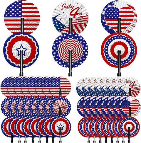 Roowest 60 Pack July 4th Patriotic Fan Bulk American Flag Folding Handheld Fans Paper Round Fans for Independence Day Veterans Memorial Day Gifts Party Favors in Saudi Arabia
