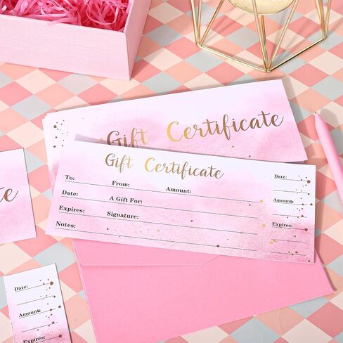 JarThenaAMCS 25Pcs Gift Certificate for Business with 25Pcs Envelopes and Stickers Pink Gradient Blank Voucher Coupons for Beauty Salon Restaurants Birthday Client, 8.6 x 3.5Inch in Saudi Arabia