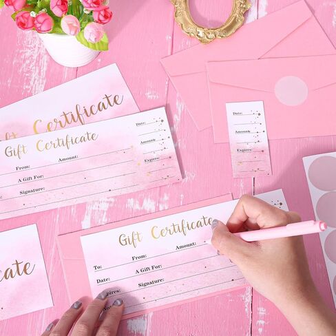 JarThenaAMCS 25Pcs Gift Certificate for Business with 25Pcs Envelopes and Stickers Pink Gradient Blank Voucher Coupons for Beauty Salon Restaurants Birthday Client, 8.6 x 3.5Inch in Saudi Arabia