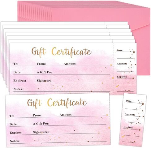 JarThenaAMCS 25Pcs Gift Certificate for Business with 25Pcs Envelopes and Stickers Pink Gradient Blank Voucher Coupons for Beauty Salon Restaurants Birthday Client, 8.6 x 3.5Inch in Saudi Arabia