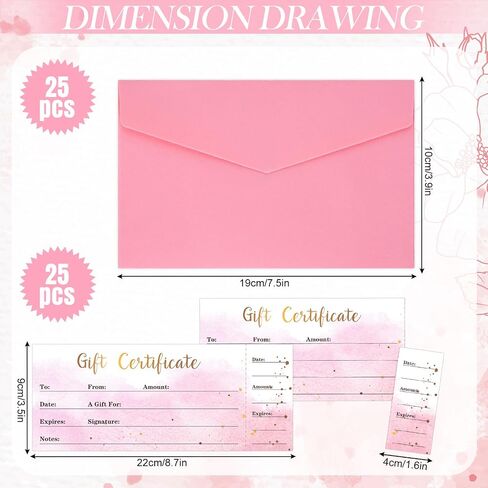 JarThenaAMCS 25Pcs Gift Certificate for Business with 25Pcs Envelopes and Stickers Pink Gradient Blank Voucher Coupons for Beauty Salon Restaurants Birthday Client, 8.6 x 3.5Inch in Saudi Arabia