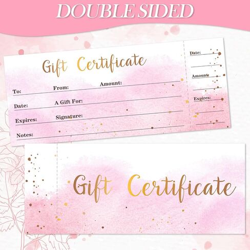 JarThenaAMCS 25Pcs Gift Certificate for Business with 25Pcs Envelopes and Stickers Pink Gradient Blank Voucher Coupons for Beauty Salon Restaurants Birthday Client, 8.6 x 3.5Inch in Saudi Arabia