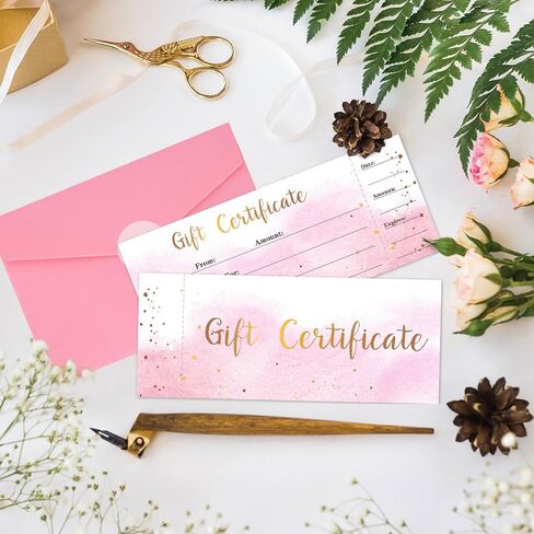 JarThenaAMCS 25Pcs Gift Certificate for Business with 25Pcs Envelopes and Stickers Pink Gradient Blank Voucher Coupons for Beauty Salon Restaurants Birthday Client, 8.6 x 3.5Inch in Saudi Arabia