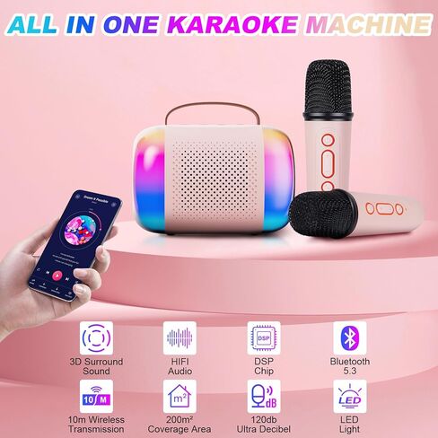 آلة كاريوكي للأطفال مع 2 ميكروفونات لاسلكية وإضاءة ملونة، آلة كاريوكي صغيرة محمولة للأطفال البالغين، هدية عيد ميلاد عيد الميلاد للأطفال، لعبة هدية للفتيات بعمر 2/4/5/6/7/8/9/10/11/12+ الصبي، بي كيه in Kuwait