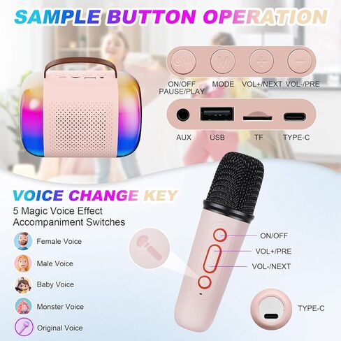 آلة كاريوكي للأطفال مع 2 ميكروفونات لاسلكية وإضاءة ملونة، آلة كاريوكي صغيرة محمولة للأطفال البالغين، هدية عيد ميلاد عيد الميلاد للأطفال، لعبة هدية للفتيات بعمر 2/4/5/6/7/8/9/10/11/12+ الصبي، بي كيه in Kuwait