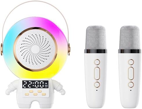آلة كاريوكي رائد الفضاء AWESQCQ مع ميكروفونين لاسلكيين، مكبر صوت بلوتوث محمول مع ساعة منبه، إضاءة محيطة، تدعم بطاقة TF/USB، مدخل AUX، FM، REC، TWS للبالغين والأطفال والحفلات المنزلية in Kuwait