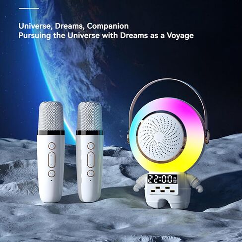 آلة كاريوكي رائد الفضاء AWESQCQ مع ميكروفونين لاسلكيين، مكبر صوت بلوتوث محمول مع ساعة منبه، إضاءة محيطة، تدعم بطاقة TF/USB، مدخل AUX، FM، REC، TWS للبالغين والأطفال والحفلات المنزلية in Kuwait