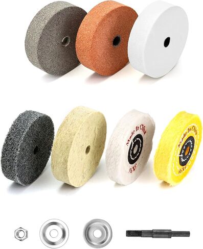 QWORK Buffing Wheel Kit, 7 Pcs Polishing Wheels with Drill Shaft Adapter for Mini Grinder/Bench Grinder, Grinding Wheel/Fiber/Wool/Cotton Buffing Wheel 3 Inch O.D. 3/8 Inch I.D. (Ø75xø10x20mm) in Kuwait