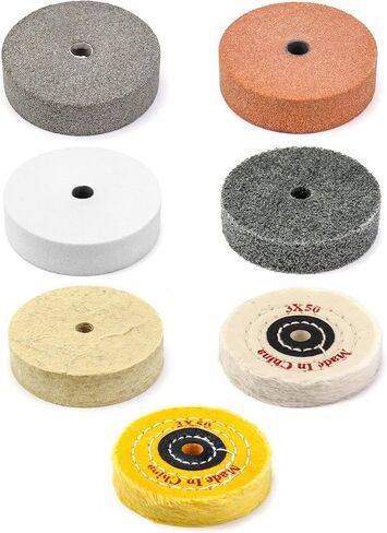 QWORK Buffing Wheel Kit, 7 Pcs Polishing Wheels with Drill Shaft Adapter for Mini Grinder/Bench Grinder, Grinding Wheel/Fiber/Wool/Cotton Buffing Wheel 3 Inch O.D. 3/8 Inch I.D. (Ø75xø10x20mm) in Kuwait