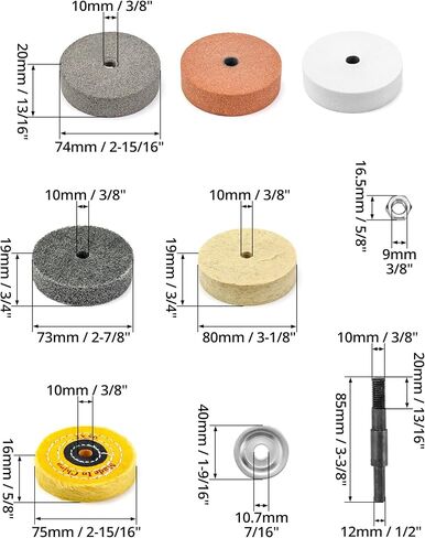 QWORK Buffing Wheel Kit, 7 Pcs Polishing Wheels with Drill Shaft Adapter for Mini Grinder/Bench Grinder, Grinding Wheel/Fiber/Wool/Cotton Buffing Wheel 3 Inch O.D. 3/8 Inch I.D. (Ø75xø10x20mm) in Kuwait