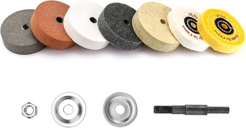 QWORK Buffing Wheel Kit, 7 Pcs Polishing Wheels with Drill Shaft Adapter for Mini Grinder/Bench Grinder, Grinding Wheel/Fiber/Wool/Cotton Buffing Wheel 3 Inch O.D. 3/8 Inch I.D. (Ø75xø10x20mm) in Kuwait