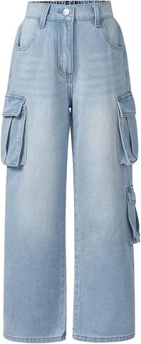 OYOANGLE Girl's Flap Pocket Cargo Jeans Streetwear Straight Leg Loose Long Denim Pants in Saudi Arabia