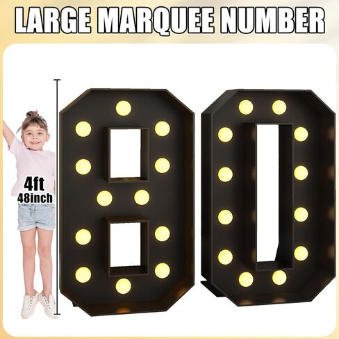 4FT Marquee Light up Numbers 80 Large Black Marquee Numbers for 80th Birthday Decorations Mosaic Numbers Frame Giant Cardboard Numbers with Light Bulbs Pre-Cut Cut-Out Foam Board DIY Anniversary Decor in Saudi Arabia