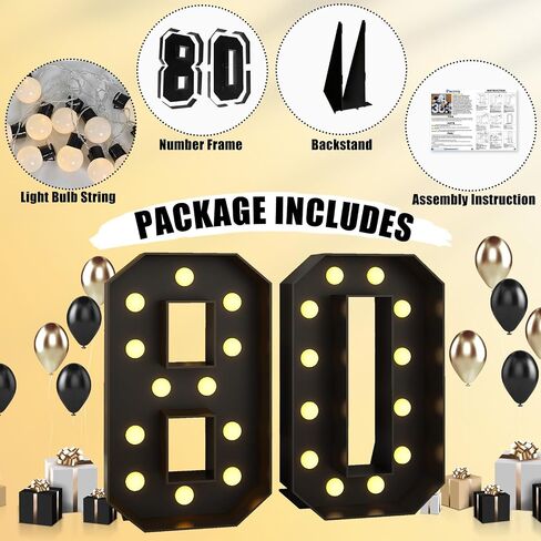 4FT Marquee Light up Numbers 80 Large Black Marquee Numbers for 80th Birthday Decorations Mosaic Numbers Frame Giant Cardboard Numbers with Light Bulbs Pre-Cut Cut-Out Foam Board DIY Anniversary Decor in Saudi Arabia