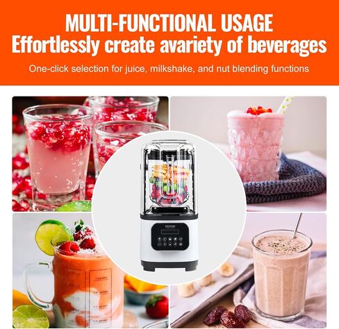 VEVOR 110V Commercial Smoothie Blenders 1.5L/50.7oz 1500W Countertop Silent Blender with Sound Shield, Quiet Blender Self-Cleaning, Includes Multifunctional 2-in-1 Wet Dry Blades, Black in Saudi Arabia