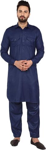 SKAVIJ Men's Tunic Cotton Pathani Kurta Pajama Set Indian Casual Dress Suit in Kuwait