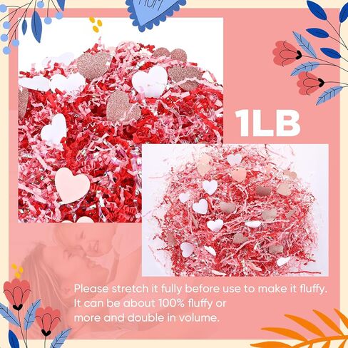 Gilprop 1 LB Mother's Day Crinkle Cut Paper with Rose Gold Pink White Heart Confetti, Metallic Red Paper Shred Filler Strand Raffia Tissue Craft Bedding Cushion for Wedding Bridesmaid Engagement in Saudi Arabia