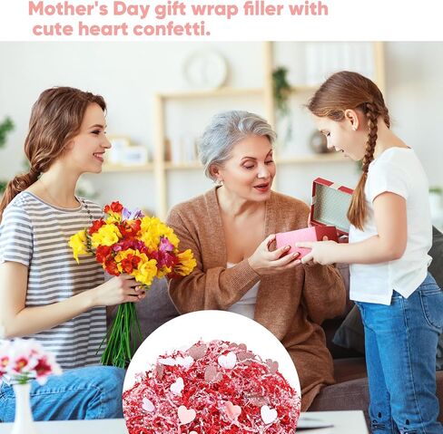 Gilprop 1 LB Mother's Day Crinkle Cut Paper with Rose Gold Pink White Heart Confetti, Metallic Red Paper Shred Filler Strand Raffia Tissue Craft Bedding Cushion for Wedding Bridesmaid Engagement in Saudi Arabia