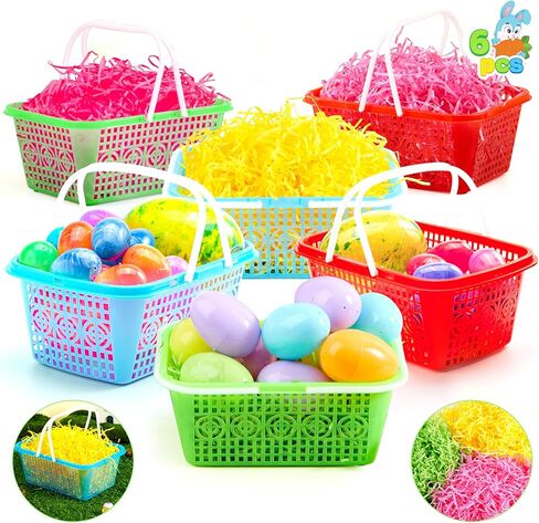 JOYIN 6 Pcs Easter Plastic Baskets with Tricolor Easter Fake Grass Paper Shred, Easter Egg Baskets with Handles for Kids Easter Egg Hunting, Party Favors, Gift Wrap Decorations in Saudi Arabia