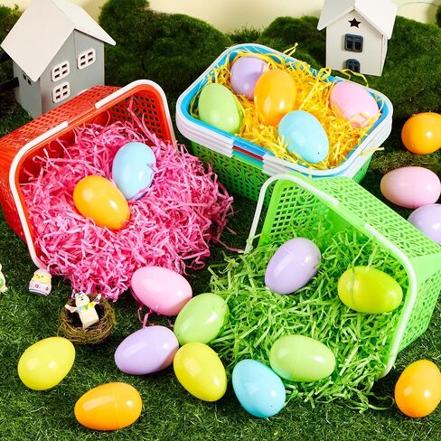 JOYIN 6 Pcs Easter Plastic Baskets with Tricolor Easter Fake Grass Paper Shred, Easter Egg Baskets with Handles for Kids Easter Egg Hunting, Party Favors, Gift Wrap Decorations in Saudi Arabia
