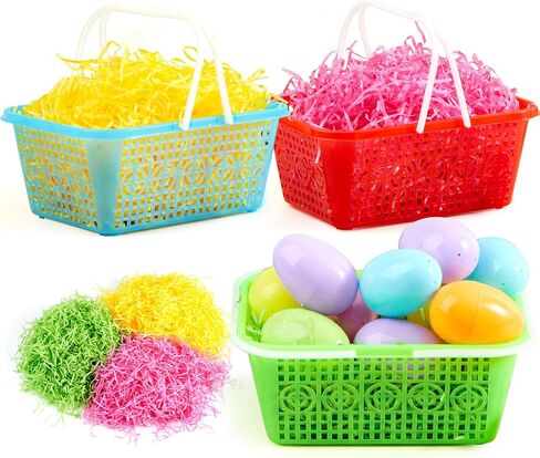 JOYIN 6 Pcs Easter Plastic Baskets with Tricolor Easter Fake Grass Paper Shred, Easter Egg Baskets with Handles for Kids Easter Egg Hunting, Party Favors, Gift Wrap Decorations in Saudi Arabia