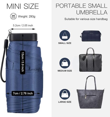 LEAGERA Mini Umbrella For Purse - Open Diameter 35inch, Small Travel Umbrella Compact Mini Waterproof Umbrellas for Rain, Suitable for Women Purse and Pocket, Manual-Opening, Dark Blue,1 Pack in Kuwait