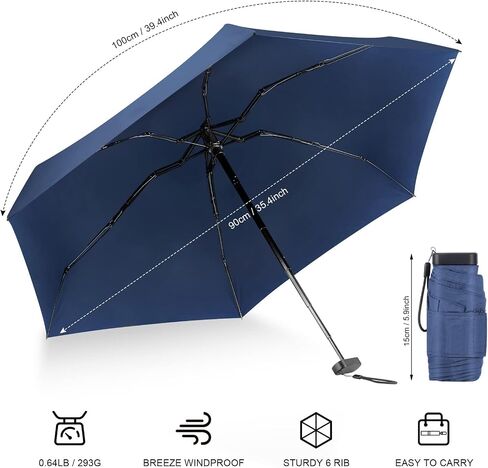 LEAGERA Mini Umbrella For Purse - Open Diameter 35inch, Small Travel Umbrella Compact Mini Waterproof Umbrellas for Rain, Suitable for Women Purse and Pocket, Manual-Opening, Dark Blue,1 Pack in Kuwait
