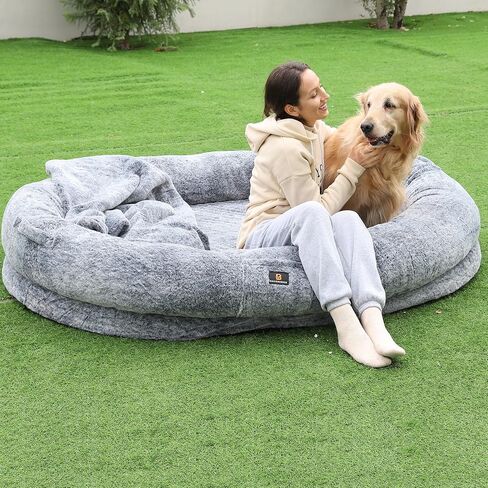 BASINBENBEN Pet Bed, Extra Large Dog Bed for Humans, Orthopedic Faux Fur Cover, Removable Washable in Saudi Arabia