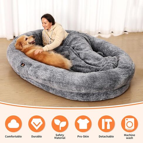 BASINBENBEN Pet Bed, Extra Large Dog Bed for Humans, Orthopedic Faux Fur Cover, Removable Washable in Saudi Arabia