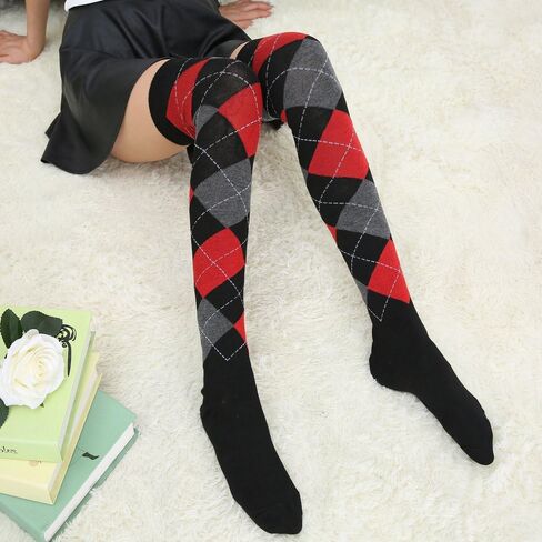 جوارب woosnscly للسيدات والفتيات الفخذ العليا جوارب Argyle متقلب جديدة فوق الركبة جوارب ملونة عصرية مجنونة جوارب طويلة جوارب طويلة 1 حزمة in Saudi Arabia