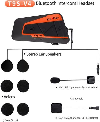 نظام اتصال داخلي لخوذة الدراجات النارية من EuroFone، سماعة بلوتوث للدراجات النارية بطول 1800 متر، سماعة رأس متعددة الوظائف لخوذة الدراجة النارية مع خاصية إلغاء الضوضاء/موسيقى ستيريو/راديو FM in Kuwait
