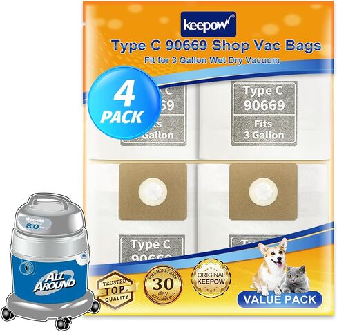 KEEPOW Shop Vac Bags 3 Gallon, Type C 90669 9066900 9066933 All Around Collection Bag, Vacuum Filter Bags (4 Pack) in Kuwait