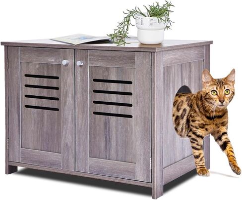 حاوية صندوق فضلات القطط من Petfamily، أثاث صندوق فضلات القطط مخفي، بيت قطط داخلي مع قسم قابل للإزالة، أثاث حمام القطط يناسب معظم صناديق الفضلات (بني) in Kuwait