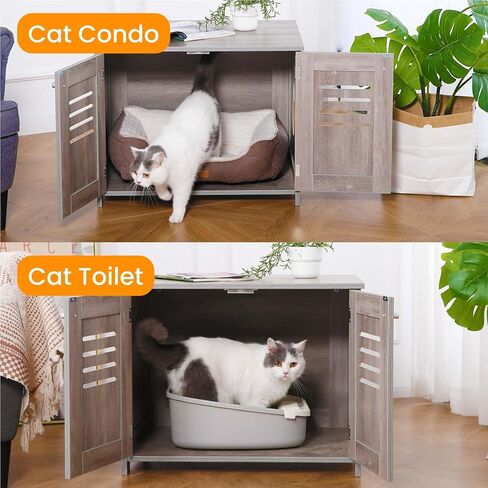 حاوية صندوق فضلات القطط من Petfamily، أثاث صندوق فضلات القطط مخفي، بيت قطط داخلي مع قسم قابل للإزالة، أثاث حمام القطط يناسب معظم صناديق الفضلات (بني) in Kuwait