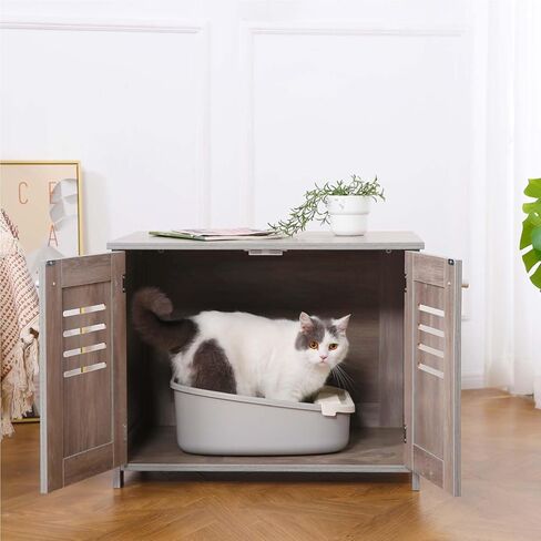 حاوية صندوق فضلات القطط من Petfamily، أثاث صندوق فضلات القطط مخفي، بيت قطط داخلي مع قسم قابل للإزالة، أثاث حمام القطط يناسب معظم صناديق الفضلات (بني) in Kuwait