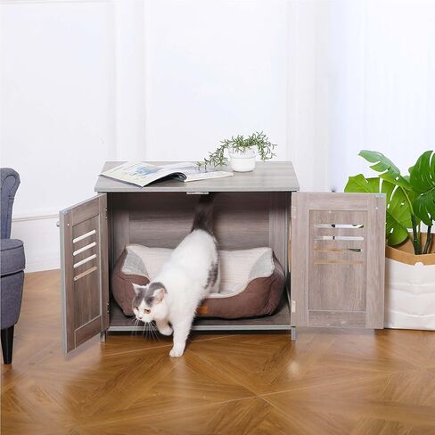 حاوية صندوق فضلات القطط من Petfamily، أثاث صندوق فضلات القطط مخفي، بيت قطط داخلي مع قسم قابل للإزالة، أثاث حمام القطط يناسب معظم صناديق الفضلات (بني) in Kuwait