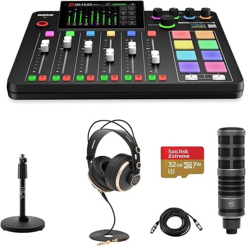 Rode RODECaster Pro II Integrated Audio Production Studio Console Bundle with TAP300 Mic, TAPH700 Headphones, Mic Stand, M to F XLR Cable, 32GB microSD Card in Saudi Arabia